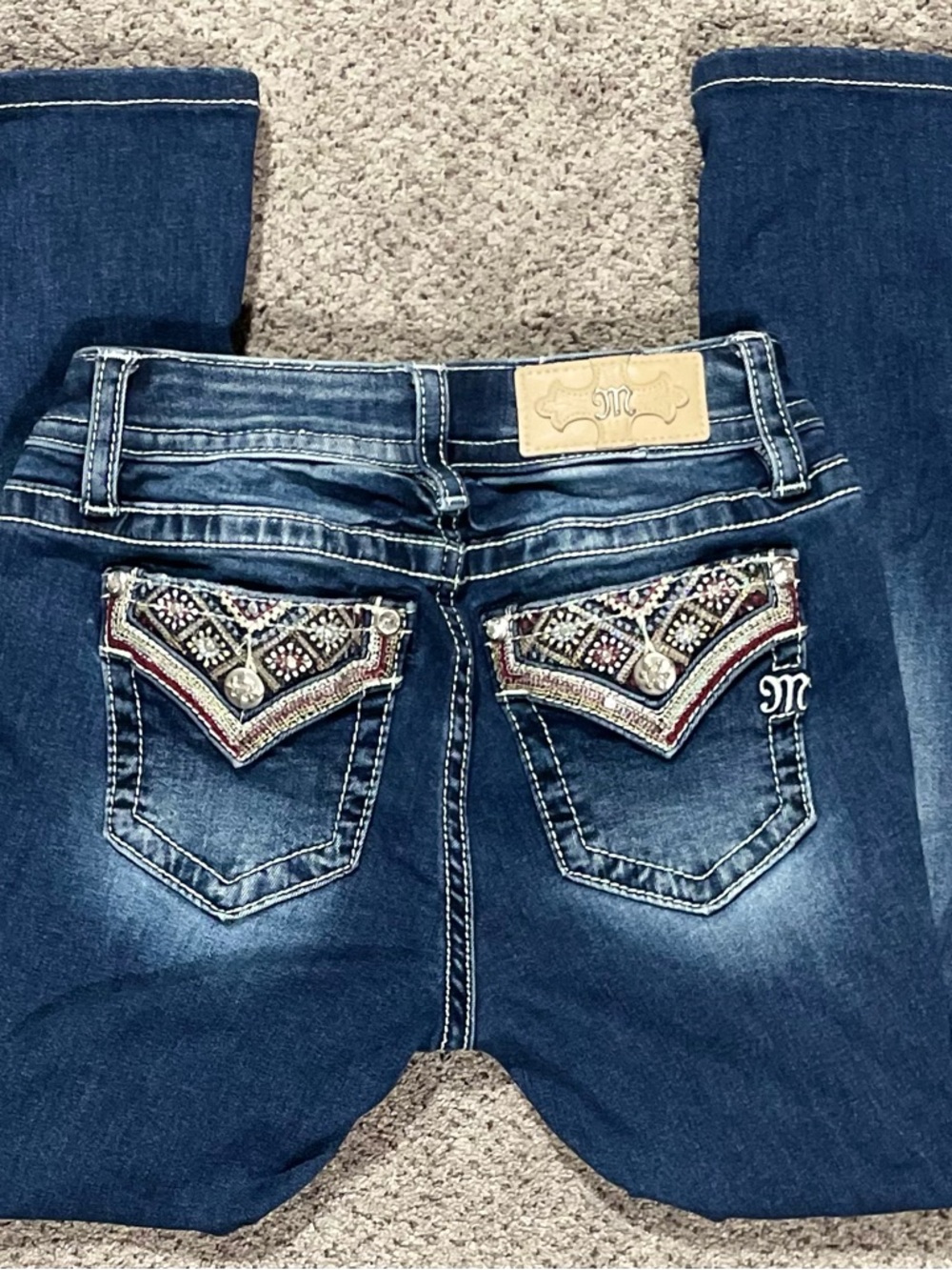 Miss Me Y2K Embroidered Rhinestone Bootcut Jeans Size 26 Mid Rise Flap Pocket